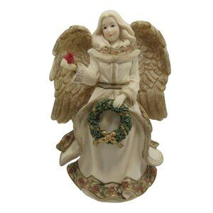 Sarah's Angels Figurine Angel Holding Wreath & Red Cardinal 8" Musical 2011